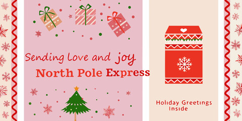 Naklejka premium christmas card with presents tree and north pole express message