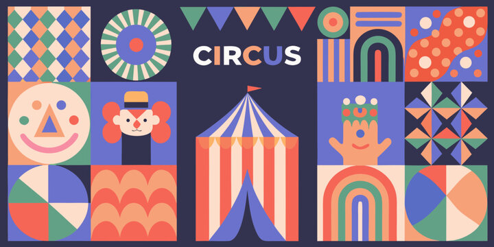 Colorful circus poster with geometric shapes and classic circus imagery