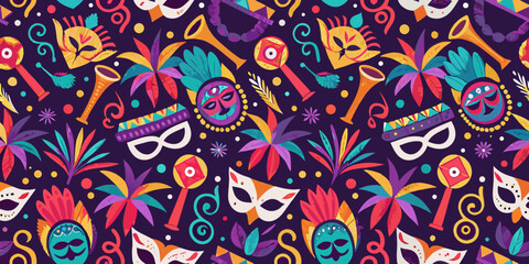 A vibrant seamless pattern featuring colorful masks palm leaves and musical instruments