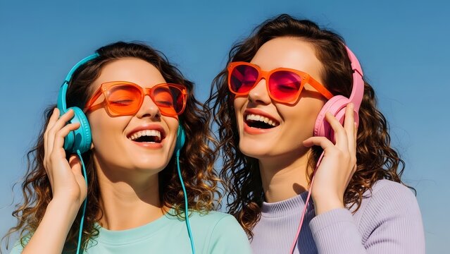 Two young women laughing and listening to music on headphones outdoors