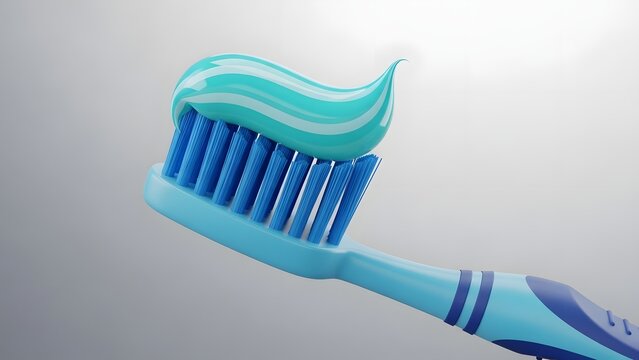 A blue toothbrush with toothpaste on its bristles against a gray background