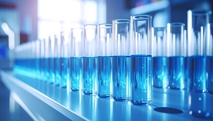 Rows of test tubes filled with vibrant blue liquid sit neatly on a shelf, bathed in soft, diffused light, suggestive of scientific processes