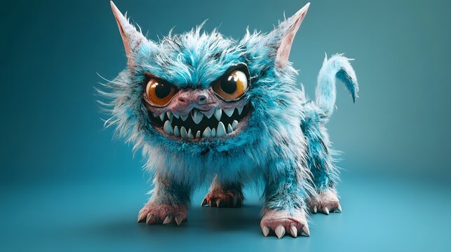 3D render of a fluffy, blue, demonic creature with sharp teeth and claws on a teal background.
