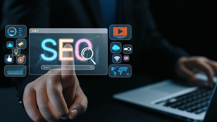 Fototapeta premium SEO concept for improving SEO visibility, with SEO related digital tools and SEO performance icons shown in an focused layout for strategic marketing. Elide