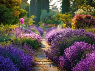 a picturesque garden path lined with vibrant lavender bushes in full bloom offering a colorful and fragrant backdrop for outdoor event photography