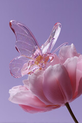 Fototapeta premium Translucent butterfly-shaped sculpture with glitter perched on blooming pink flower in delicate surrealism and springtime elegance on pastel lavender background