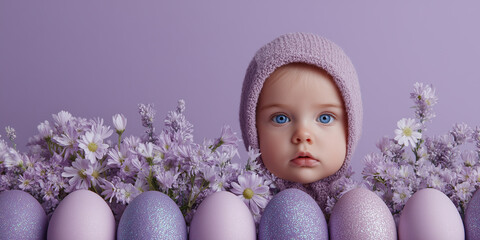 Baby in pastel outfit surrounded by glittery Easter eggs and spring flowers in surreal playful spring moment on lavender background