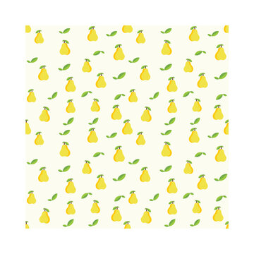 Pear pattern with yellow fruit and green leaf on white background