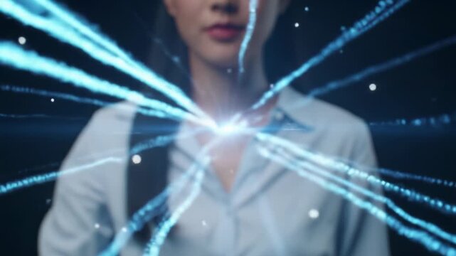 Extreme close-up of a modern hand in business-casual sleeve pressing a glowing blue button on a dark, futuristic interface, unleashing a high-tech network of vibrant blue and white light trails and
