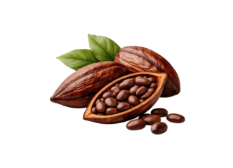 Three cocoa pods and a half open pod with raw cocoa beans inside isolated on transparent background
