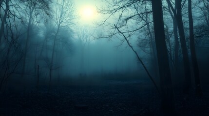 Photograph of dark forest scene with a hazy, blue-tinged light source and bare trees.