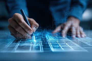 Professional Architect Designing Modern Blueprint on Interactive Digital Screen with Blue Glowing Holographic Lines, Futuristic Technology and Artificial Intelligence Concept for Engineering Design