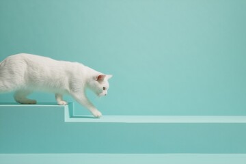 hite cat walking down pastel stairs.
