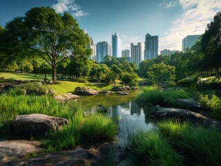 Fototapeta premium serene park oasis nestled amidst a bustling city skyline