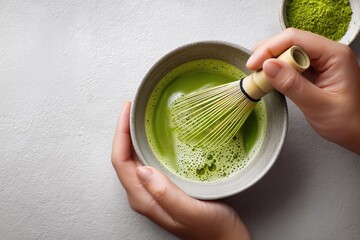 Hand whisking green tea matcha in ceramic bowl.
