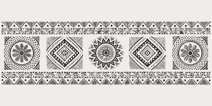 Intricate black and white ornamental pattern with geometric and floral motifs