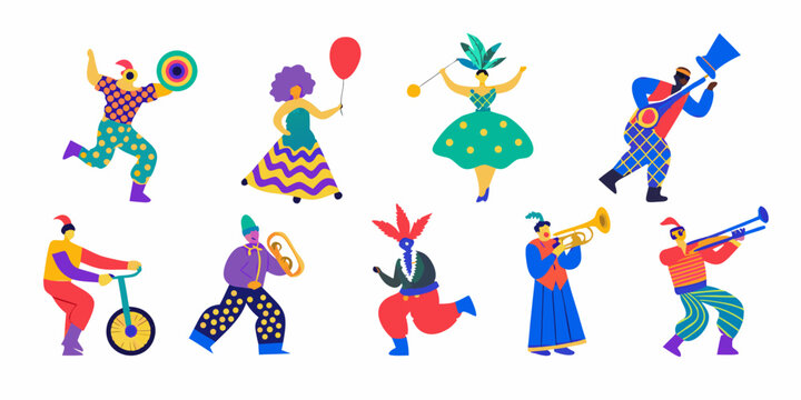 A vibrant collection of colorful circus performers and musicians in action
