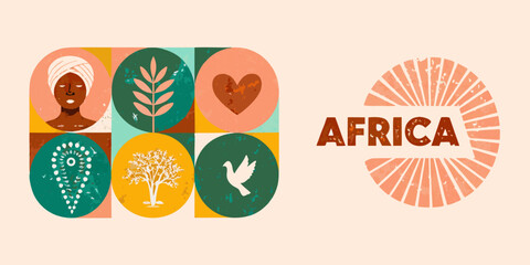 Colorful illustration depicting african motifs with portraits flora and the word africa © MituRani