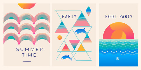 Abstract summer themed designs with geometric shapes and vibrant color palettes © MituRani
