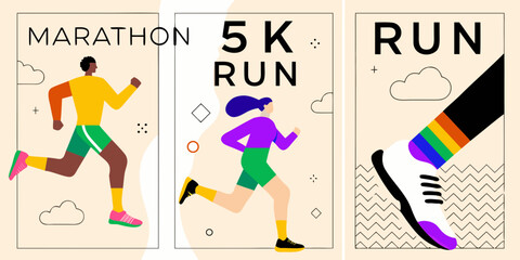 Colorful illustrations depicting runners and promoting marathon 5k and running events