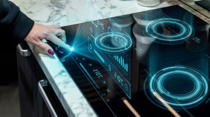 Female hand controlling smart induction cooktop with AR interface
