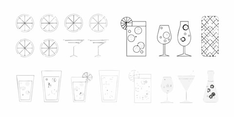 Line art illustration of various citrus slices and cocktail glassware designs