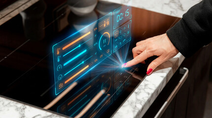 Female hand controlling smart induction cooktop stove