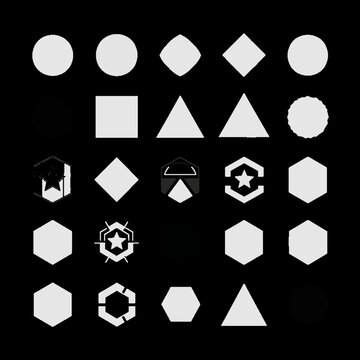 A collection of abstract white geometric shapes, including circles, squares, triangles, rhombuses, and hexagons, are displayed against a dark background, illustrating fundamental design elements.
