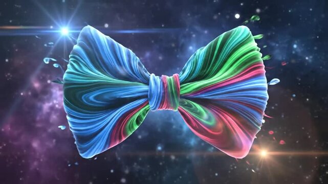 Abstract Swirling Colorful Bow Tie with Dynamic Light Effects Against a Cosmic Background