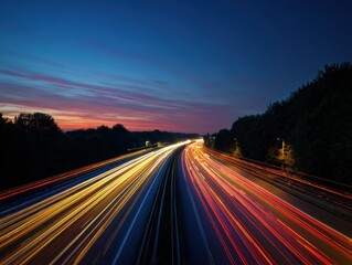 busy highway at dusk with car lights creating vibrant streaks of color