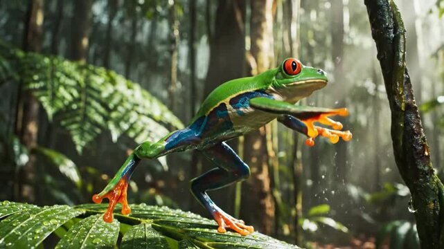 Red-eyed tree frog takes flight in lush green rainforest environment with natural light and vibrant color