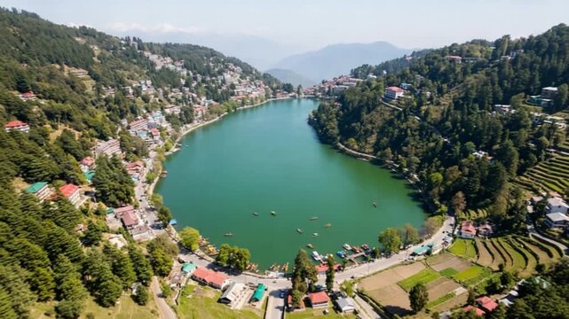 nainital lake aerial landscape himalayan hill station uttarakhand drone shot video