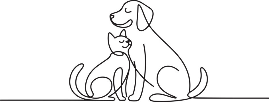 Single continuous line drawing of cat and dog love each other. one line Art icon drawing vector