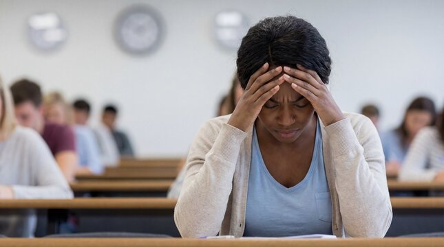 A young woman sitting at a desk in a classroom with her hands on her face looking stressed or frustrated with students in the background