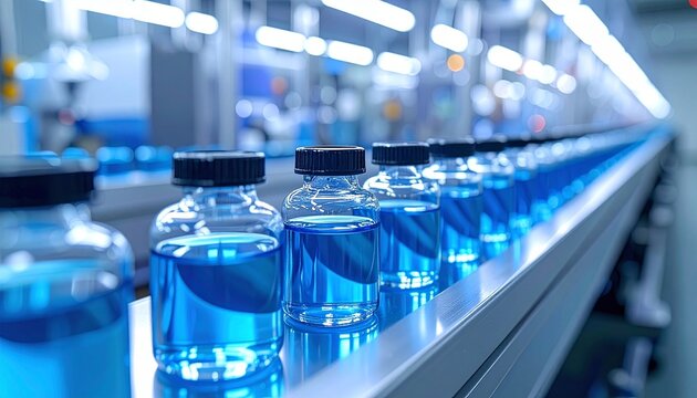Automated Pharmaceutical Production Line with Sterile Blue Liquid Vials