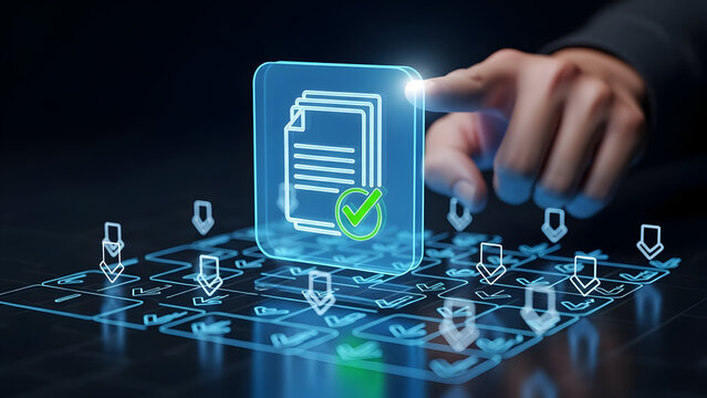 Business professional approving digital document with success checkmark on futuristic technology interface with glowing blue network arrows - Powered by Adobe