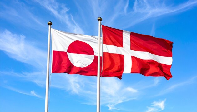 National Flags of Greenland and Denmark Waving Side-by-Side Against a Bright Blue Sky