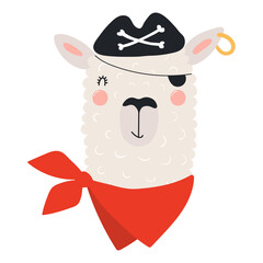 Obraz premium Cute little llama pirate isolated on transparent. Kawaii cartoon character. Hand drawn flat vector illustration. Kids nautical design element, clip art, fashion print, poster, wall art