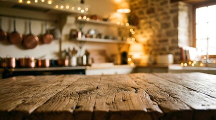 Empty aged wood counter perspective over farmhouse kitchen interior background
