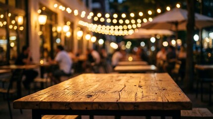 Empty rustic wooden table overlooking lively outdoor dining scene