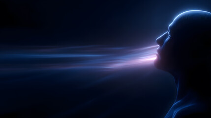 Eternal Breath: A contemplative figure exhales a luminous stream, his silhouette stark against the enveloping darkness, the ethereal glow symbolizing life's essence.