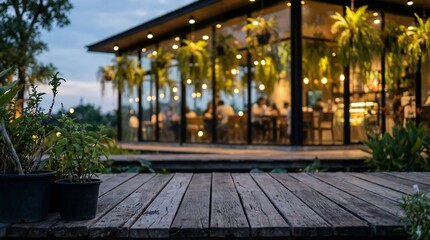 Rustic wooden deck leading to modern glass building at dusk evening