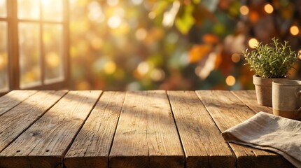 Rustic wooden table by window with autumn foliage and coffee cup