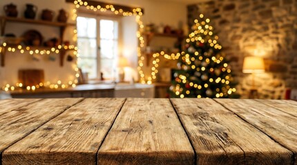 Rustic wooden table counter top view with christmas tree and string lights