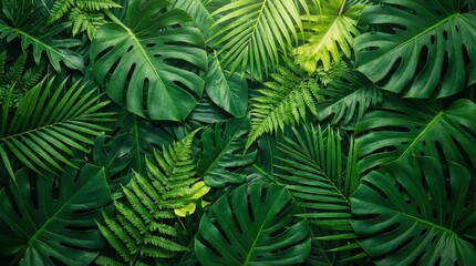 Top view of layered monstera leaves and fern fronds green background