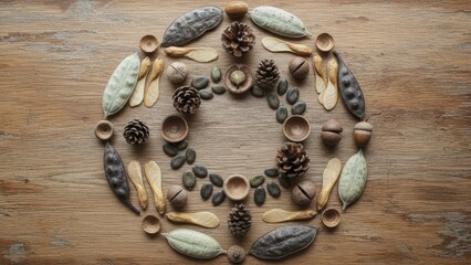 Pinecone and Seed Wreath on Wooden Surface.