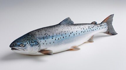 Whole fresh Atlantic salmon on a white background. Raw fish isolated in studio. Healthy seafood ingredient for culinary and nutrition concepts