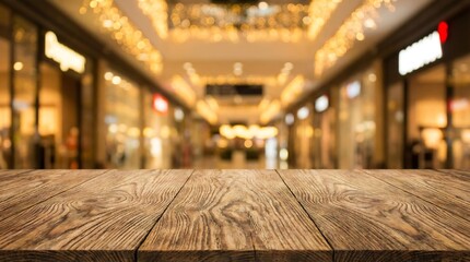 Wooden table in shopping mall with blurred lights and storefronts