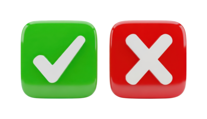 3d rendered green checkmark square button and red cross mark square button on transparent background