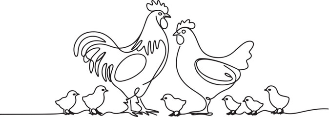 Continuous one line drawing of rooster and hen chicken family vector illustration. one line Art icon drawing vector © MDROBIUL
